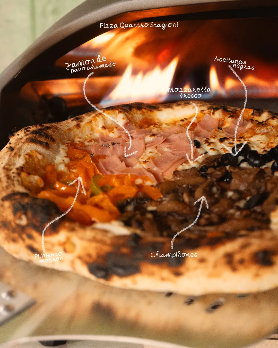 Pizza Quattro Stagioni: jamón de pavo ahumado, mozzarella fresco, aceitunas negras, pimiento morrón y champiñones.